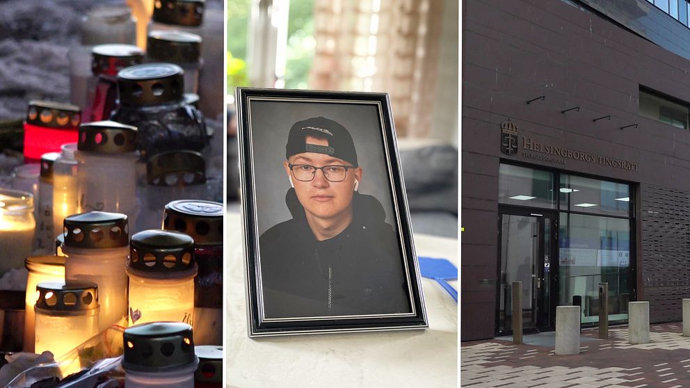gravljus i snön, ett inramat foto på Jakob, ingången till helsingborgs tingsrätt