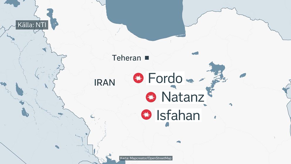 Karta över Iran med markeringar för Fordo, Natanz och Isfahan nära Teheran.