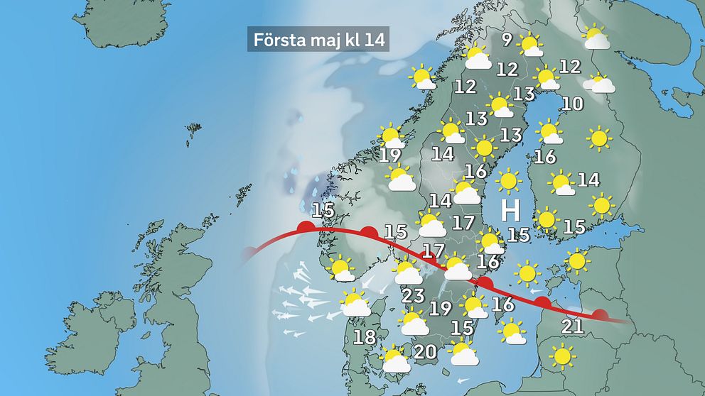 Prognoskarta för vädret i Sverige på onsdag 1 maj.