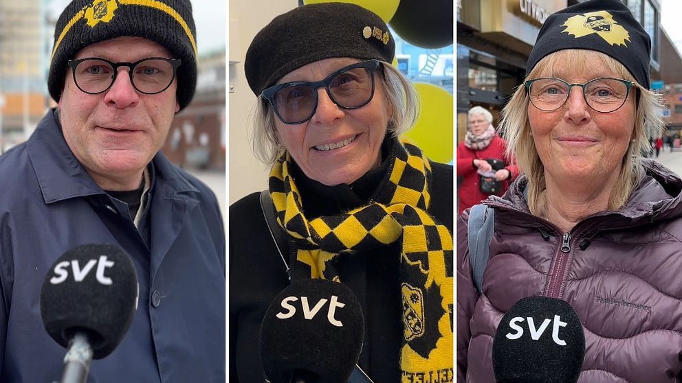 Tre stycken Skellefteå AIK-supportrar i svartgula mössor och halsdukar