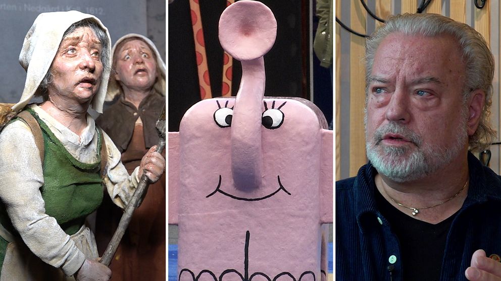 Bild med tre sektioner: Den vänstra delen visar en träfigur som håller en stav. Den mellersta sektionen en rosa elefant med ett glatt ansiktsuttryck. Den högra sektionen visar politikern Robert Uitto (S) som pratar, med en otydlig bakgrund.