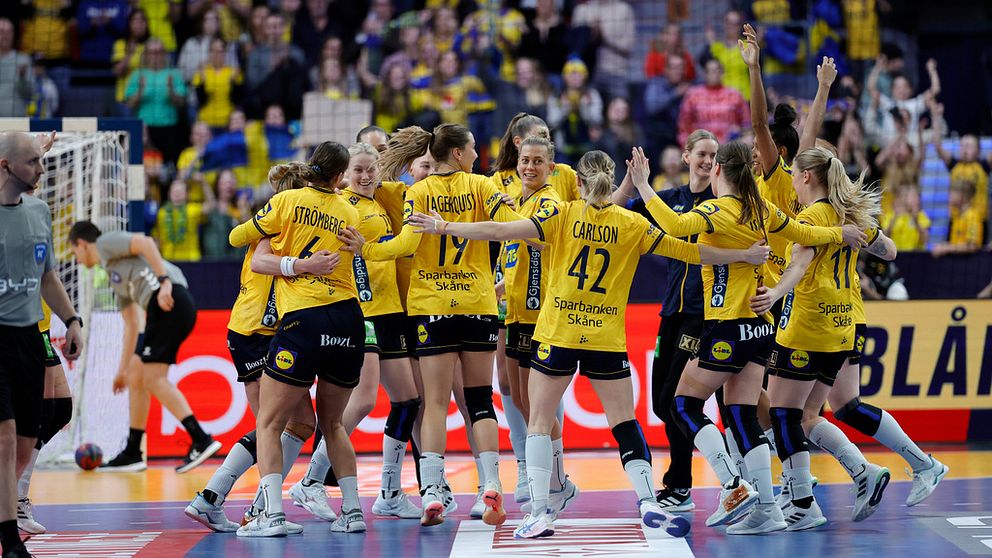 Sveriges spelare firar segern efter matchen i handbolls-VM mellan Montenegro och Sverige i Scandinavium i Göteborg