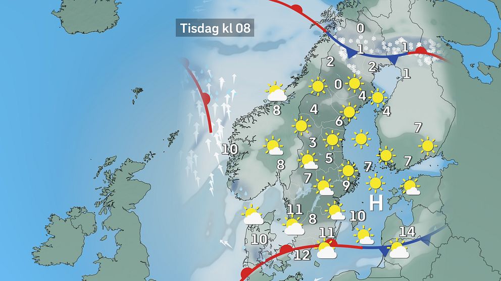 Prognoskarta för vädret i Sverige på tisdag morgon.