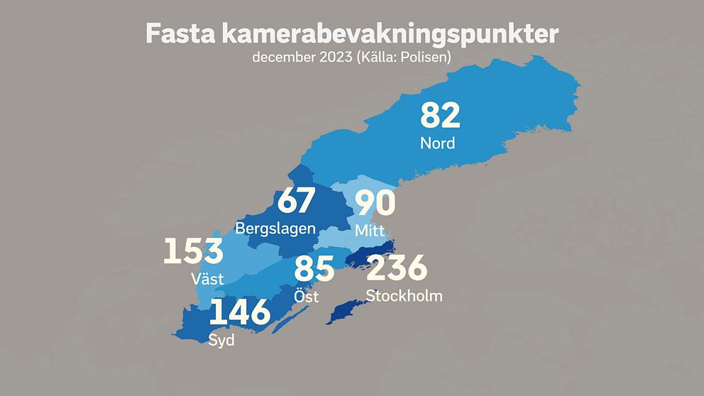 En karta över polisregionerna i Sverige med uppgifter om hur många fasta kamerabevakningspunkter det finns i respektive region