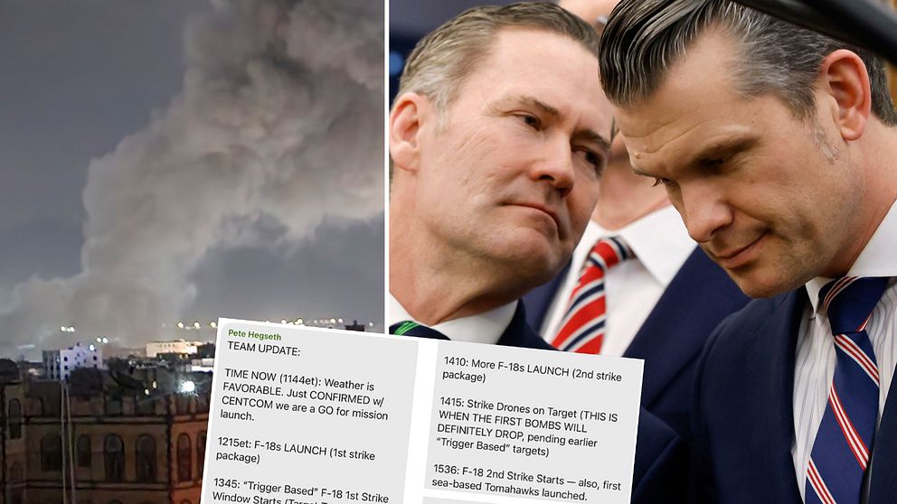 Delad bild. Vänster: rök över en stad på natten. Höger: dokument med text om möte.
