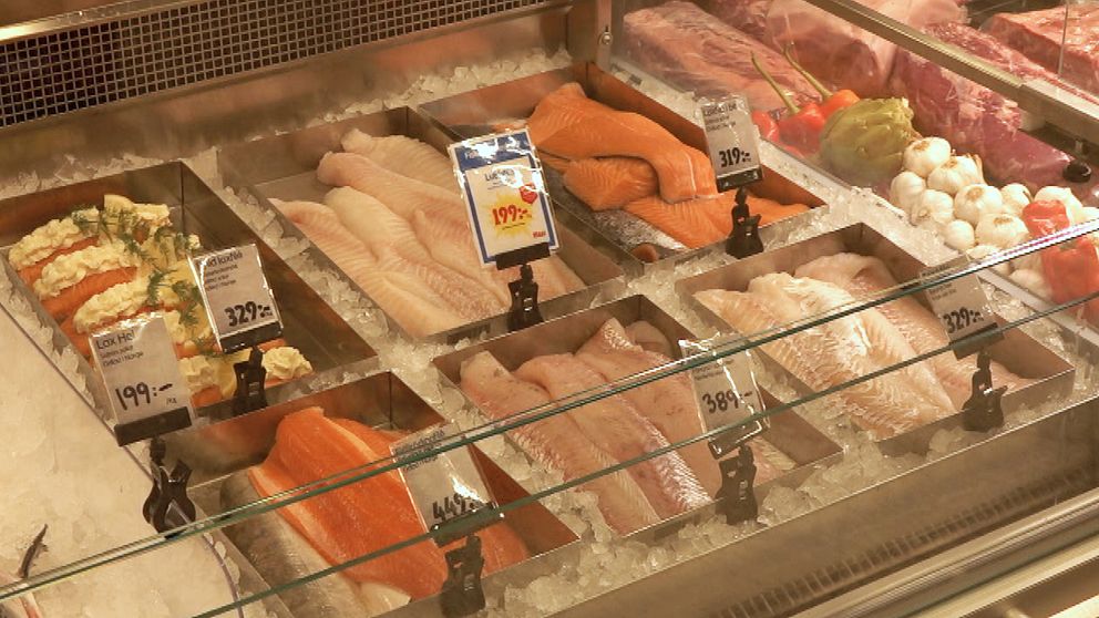 Framställning av fisk och skaldjur i en livsmedelsbutik, med olika sorter av lax, vitfisk och skaldjur på is. Prisskyltar visar variationerna i priser för varje typ av fisk.