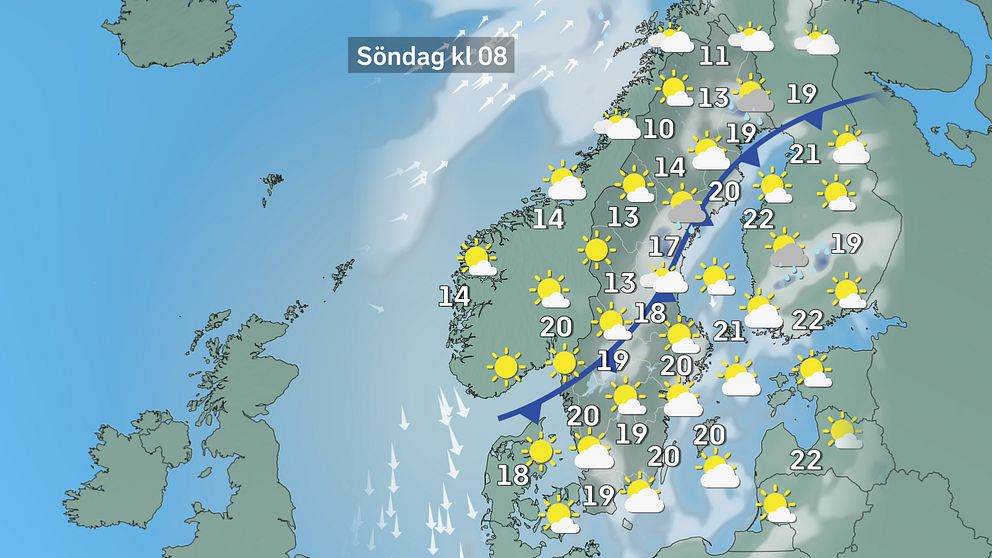 Prognoskarta som visar väderläget i Sverige på söndag morgon.