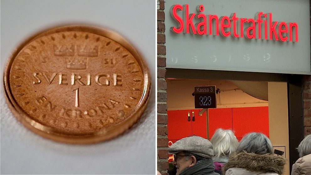 En krona i mynt. Kö utanför ett Skånetrafikens kundcenter på Malmö C.