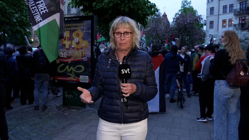 SVT:s reporter och propalestinska supportrar.