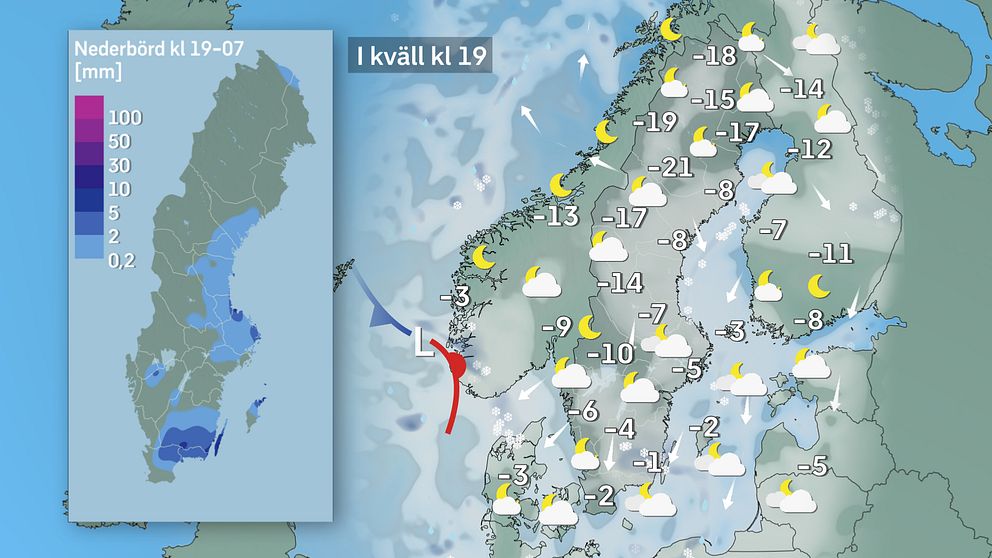 Väderkarta gällande lördag kväll.