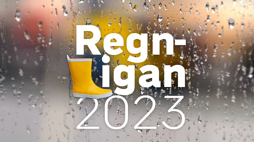 Texten Regnligan 2023 framför fönsterruta med regn