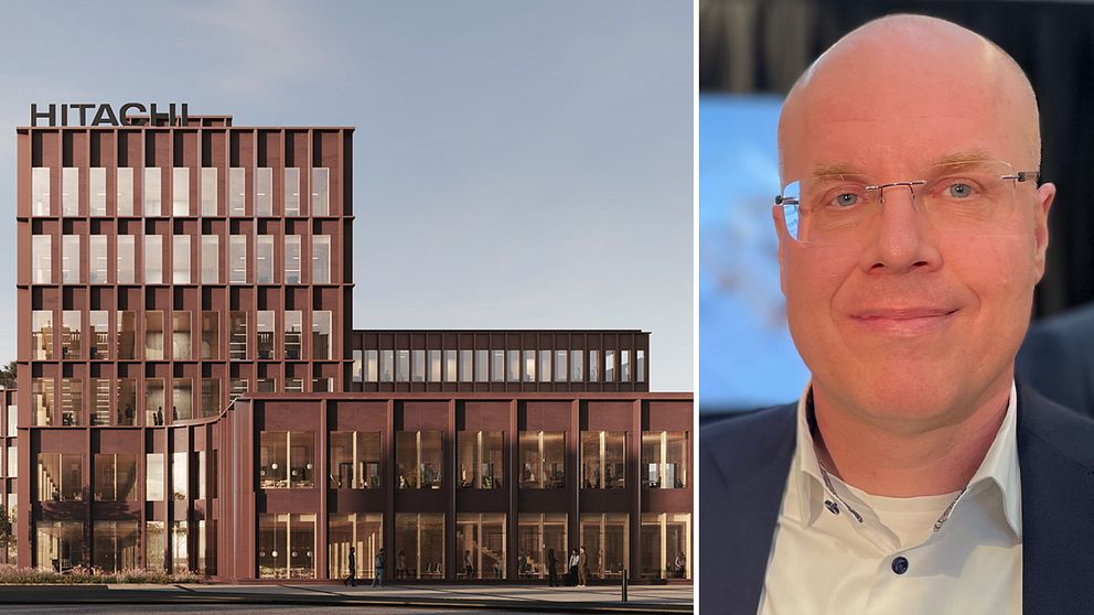 Tvådelad bild: Ritning på Hitachis nya byggnad och en närbild på den svenska vd:nTobias Hansson.