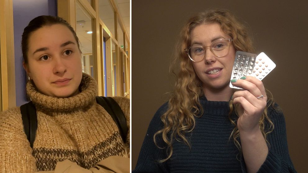 En delad bild som visar två sektioner. Den vänstra sektionen visar en person i en stickad tröja med en varm färg, som står i en korridor med fönster bakom. Den högra sektionen visar en person med lockigt hår som håller upp en blisterförpackning med läkemedel, klädd i en mörk tröja.