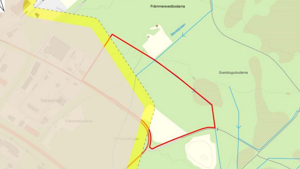 Karta visar planerat  industriområde med röda och gula markeringar.