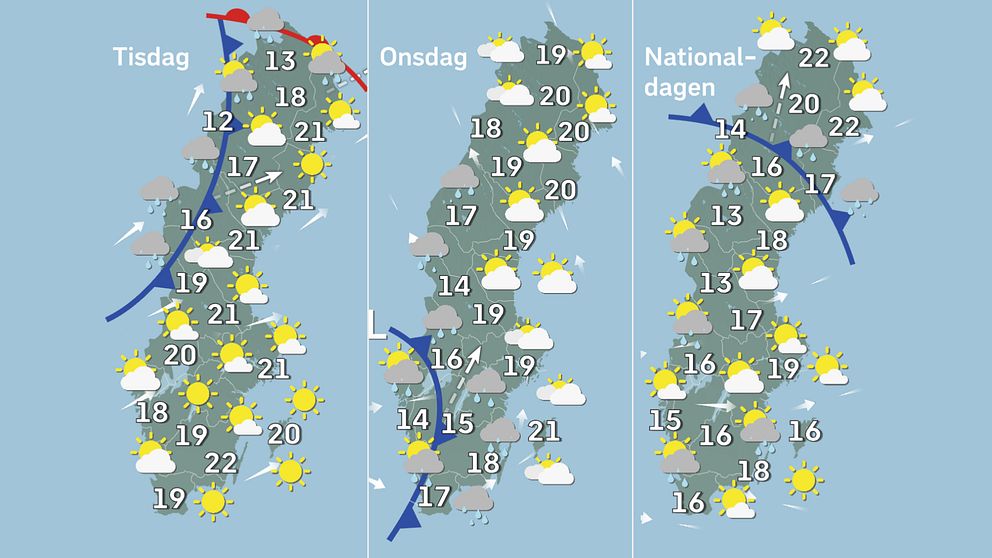 Prognoskarta som visar väderläget i Sverige på tisdag, onsdag och torsdag.