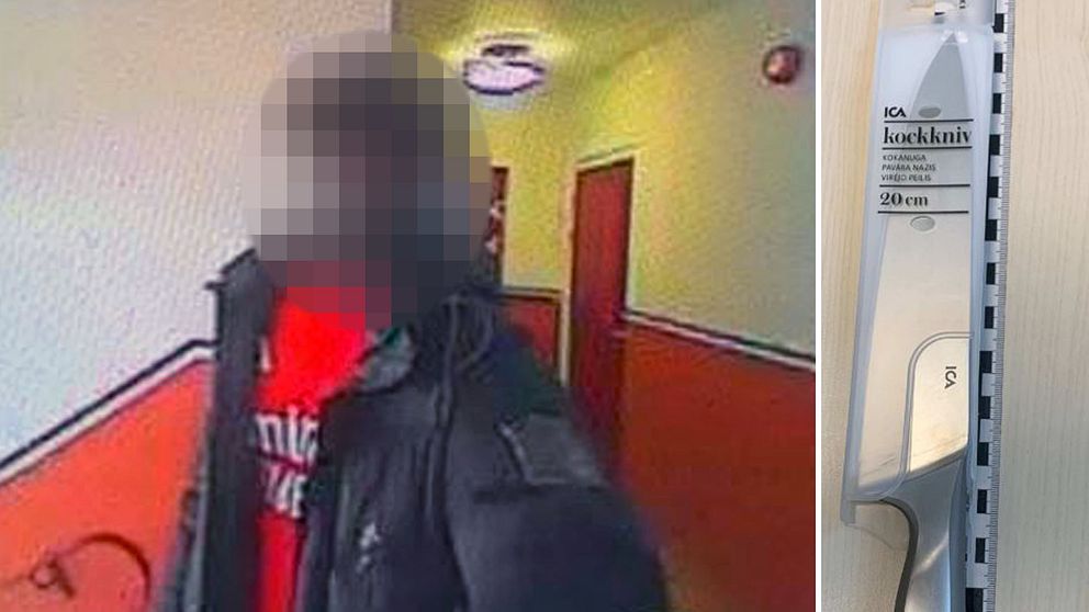 Delad bild. Till vänster: maskerad person i trapphus. Till höger: stor kökskniv
