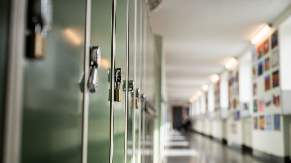 En lång korridor i en skola med gröna skåp på vänster sida, som är låsta med hänglås. Längs väggarna hänger färgglada affischer eller konstverk, och det finns mjukt ljus som strömmar in genom fönsterna.