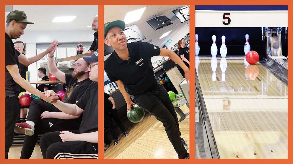 Tredelad bild. Vänster: high-five bland bowlare. Mitten: man kastar bowlingklot. Höger: klot rullar mot käglor.