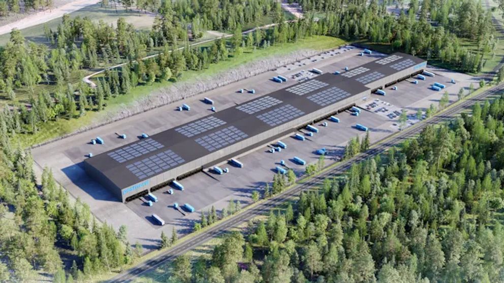 Illustration av ny logistikanläggning omgiven av skog och parkeringsplats, sedd från ovan.