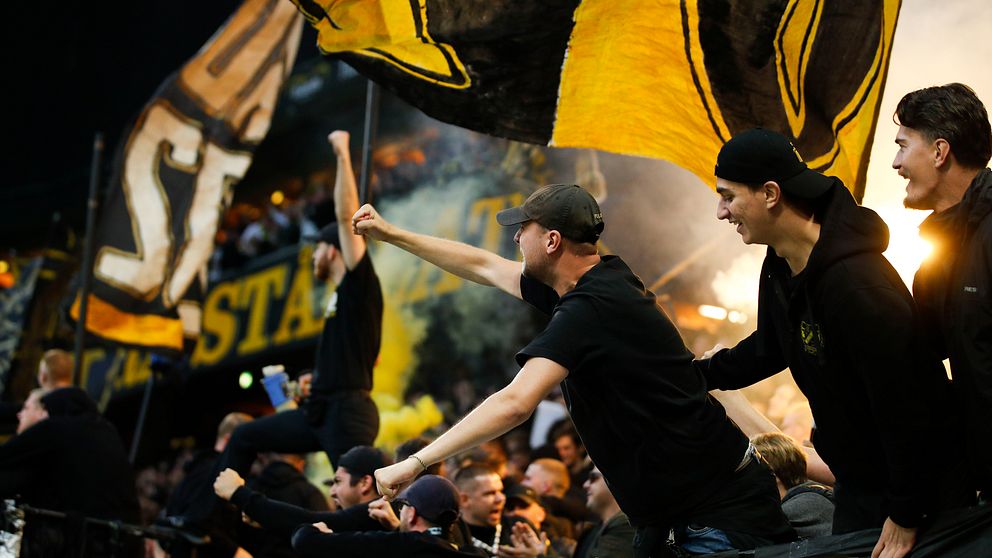 Fotbollsfans jublar, flera av dem med näven i luften i ett publikhav med flera flaggor.
