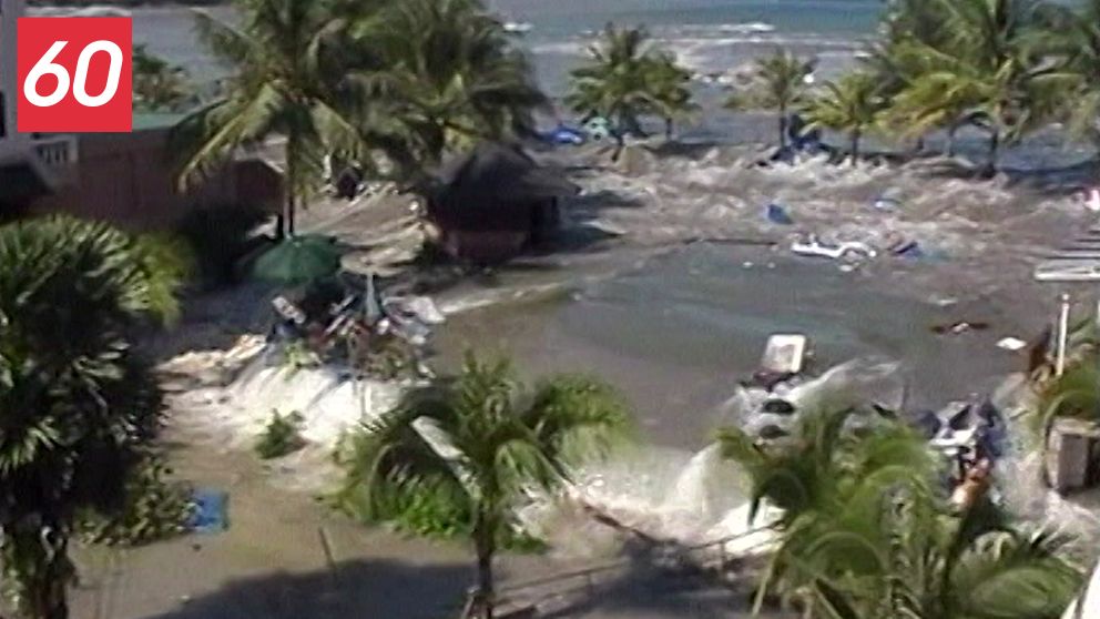 Vågorna slår mot stranden, vilket visar på kraften i en storm eller tsunami. Palmträd omger området, och det finns spillror av möbler och parasoll på marken. En typisk tropisk strandmiljö skadas av det extrema vädret.