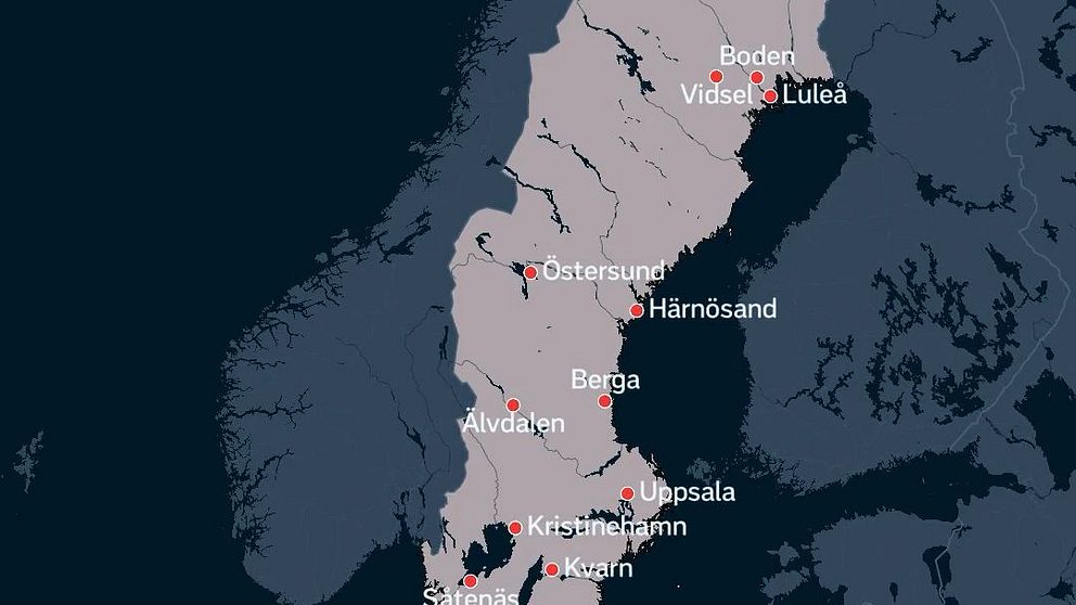 En karta över Sverige som visar militärbaser.