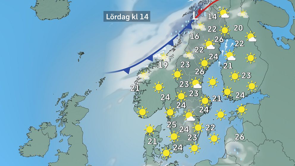 Prognoskarta som visar vädret i Sverige på lördag.