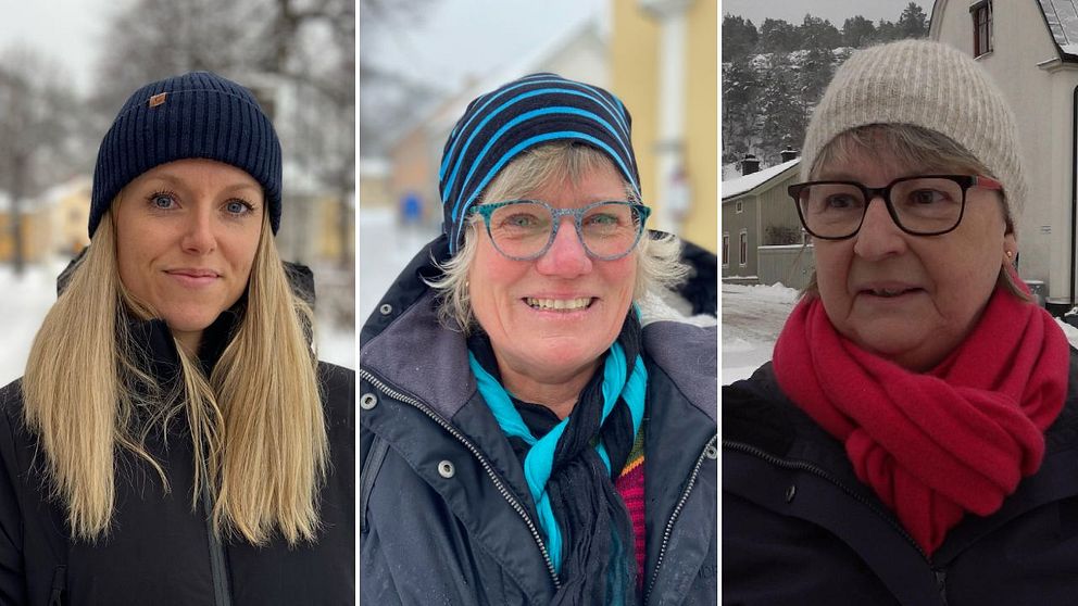 Bildmontage med tre porträtt på tre kvinnor på gatorna i Söderköping. Gatorna är täckta med snö och de har på sig mössor.