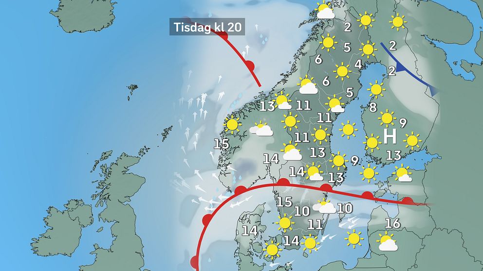 Prognoskarta för vädret i Sverige på tisdag kväll.