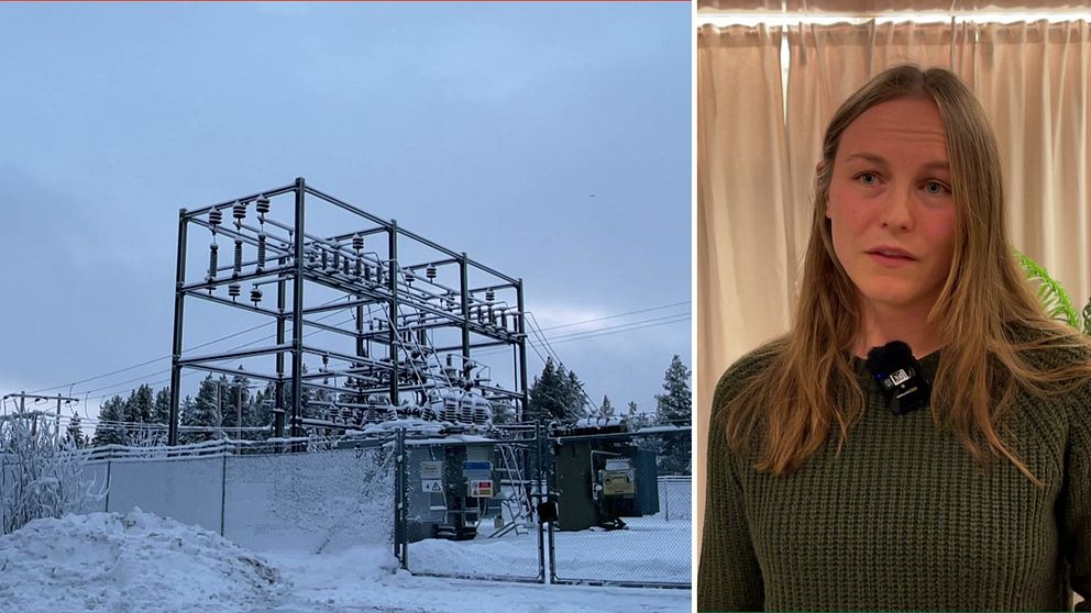 Bild på elledningar och Emelie Ottosson som är näringslivschef i Åsele