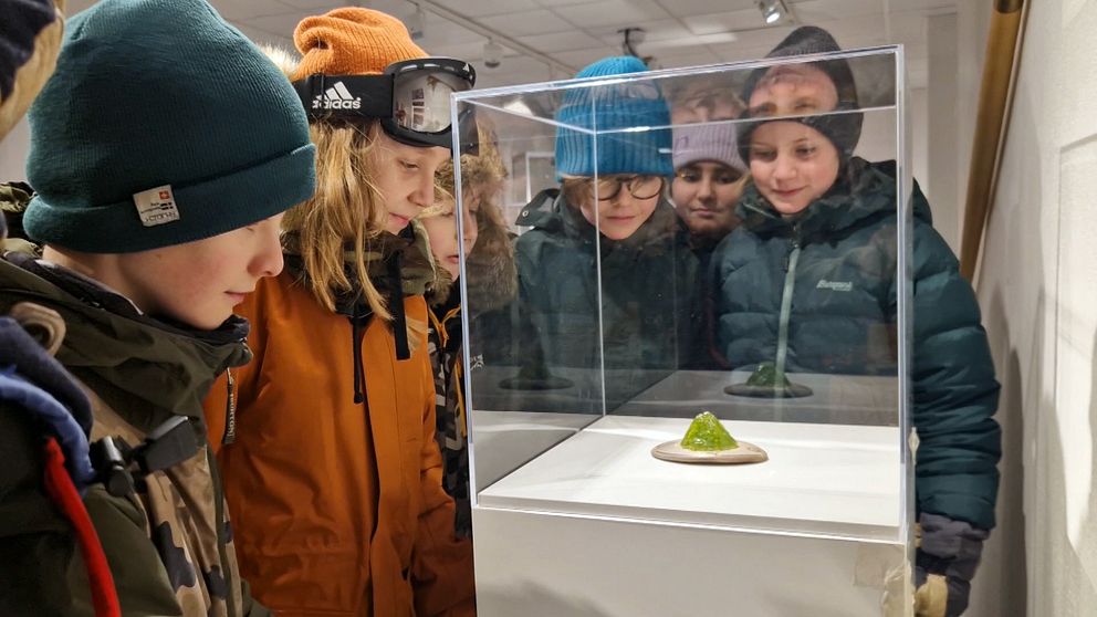 Grupp av personer i en konstutställning som studerar ett konstverk inuti en glasmonter. Konstverket är en rund skulptur i en neutral färg med en grön detalj som står på en vit bas. Bakgrunden visar en del av utställningens vägg och tak.