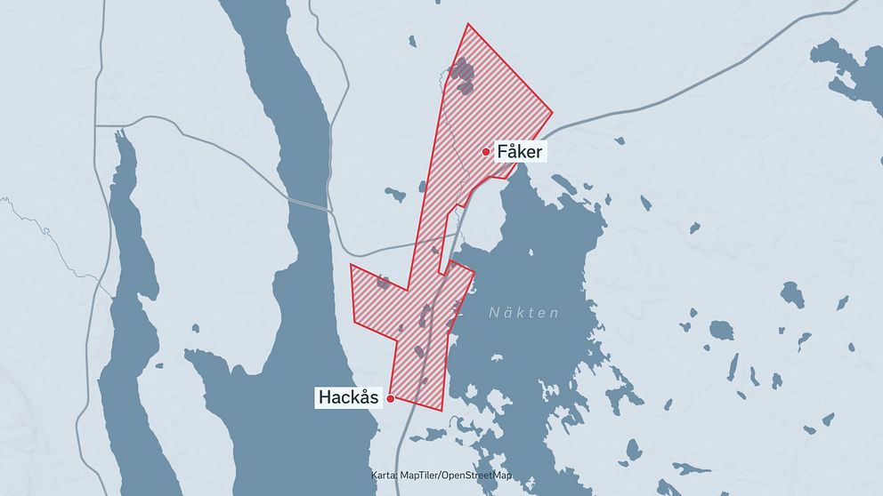 Karta som visar ett område mellan Fåker och Hackås vid Storsjön