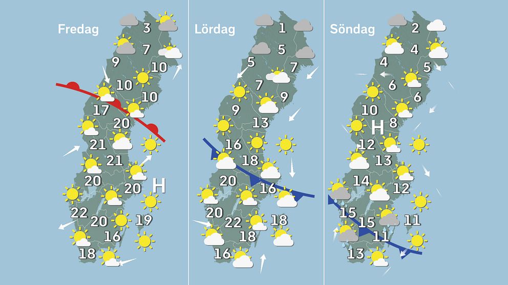 Prognoskarta för vädret i Sverige på fredag, lördag och söndag.