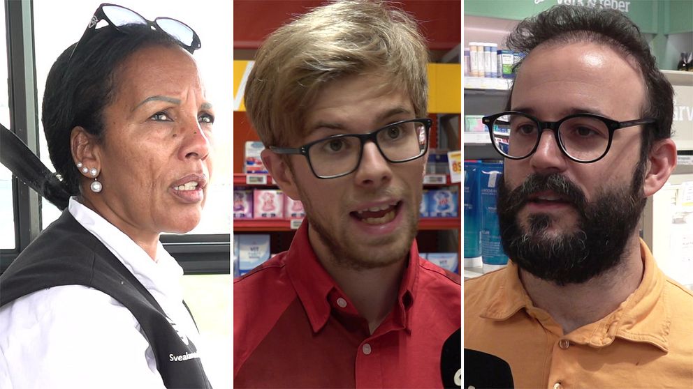 Tredelad bild. Till vänster: kvinna i arbetskläder. I mitten och höger: två personer i butiksmiljö.