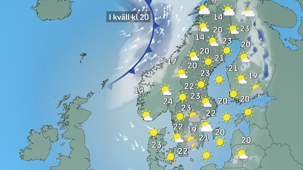 Prognoskarta som visar väderläget i Sverige i kväll.