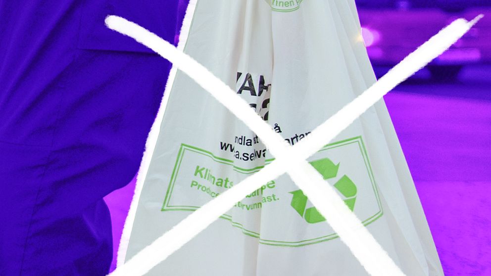 En plastpåse med ett kryss över, symboliserar förbud.