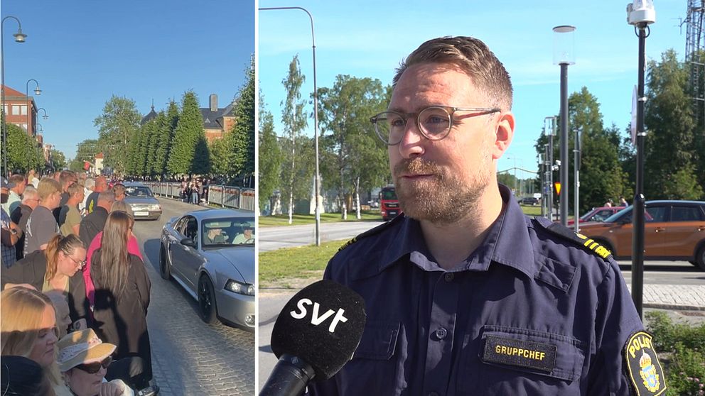 Folksamling i centrala Umeå under Wheels och Joel Berglund gruppchef på polisen i Umeå utanför polisstationen