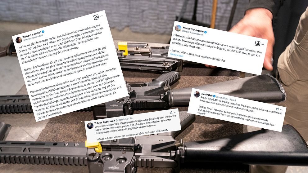 Tweets samt en bild på vapen i bakgrunden.