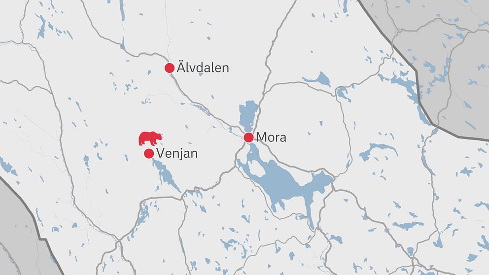 Karta över Venjan, Mora och Älvdalen med björnattacken markerad