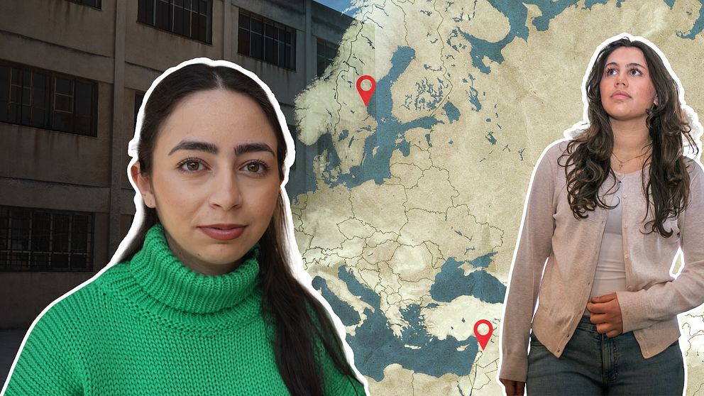 Tvådelad bild. Till vänster: ung kvinna med grön tröja framför skolbyggnad i bakgrunden. Till höger: ung kvinna tittar uppåt framför en visuell karta som visar Söderhamn och Homs.