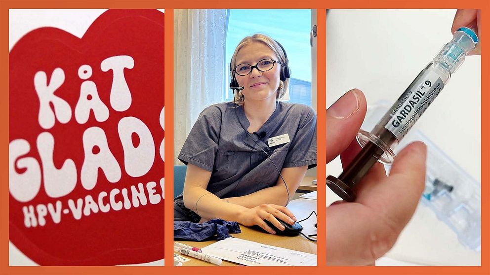 Tredelad bild. Vänster: text ”Kåt, glad, HPV-vaccinerad”. Mitten: vårdpersonal vid skrivbord. Höger: hand håller spruta.