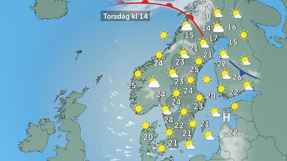 Prognoskarta som visar vädret i Sverige på torsdag.