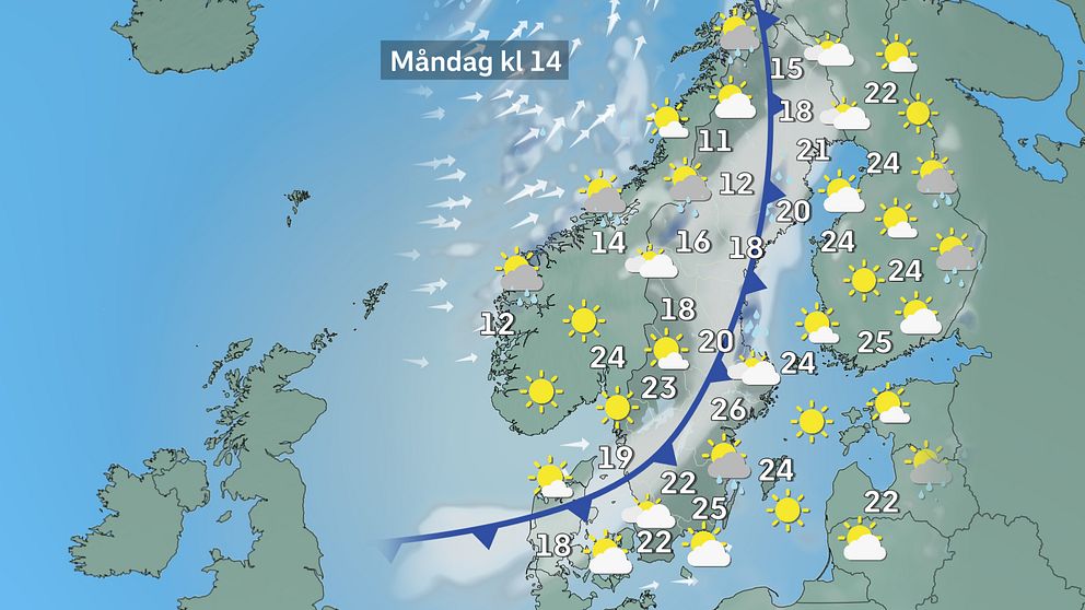 Prognoskarta som visar väderläget i Sverige på måndag.
