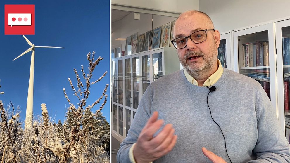 Tvådelad bild. Vänster: vindkraftverk mot blå himmel. Höger: person med mikrofon talar inomhus.