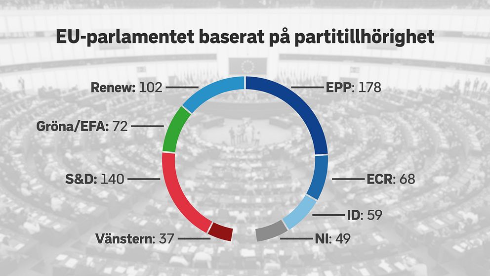 Mandaten som de olika partigrupperna har i Europaparlamentet. De svenska partierna ingår alla i någon partigrupp.