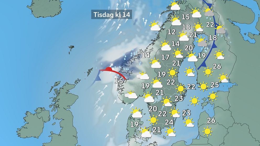 Prognoskarta som visar väderläget i Sverige på tisdag.