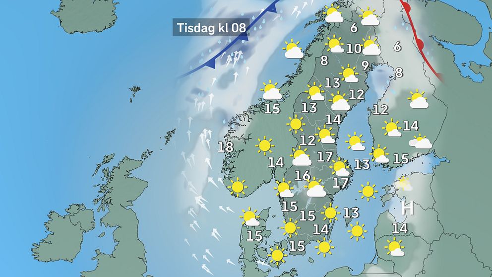 Prognoskarta som visar vädret i Sverige på tisdag morgon.