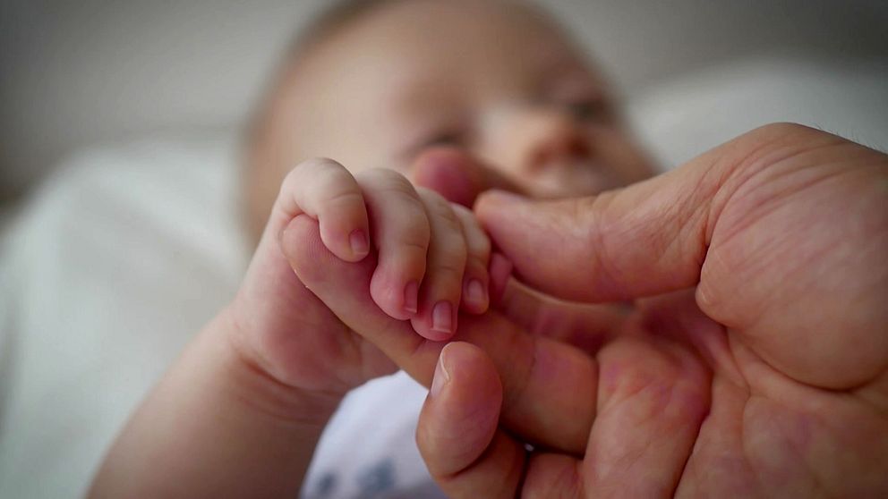 en kvinnohand håller i en bebis hand