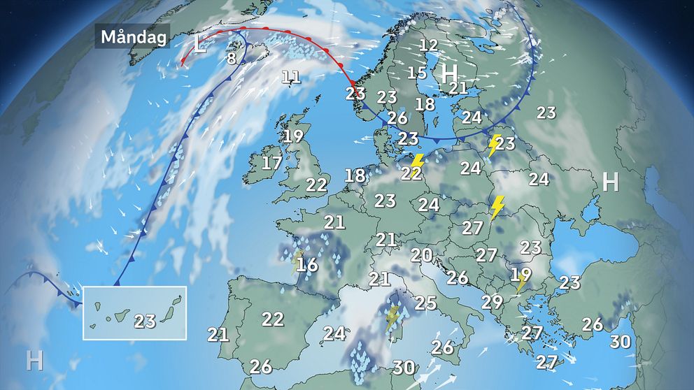 Väderkarta som visar väder i Europa på måndag.
