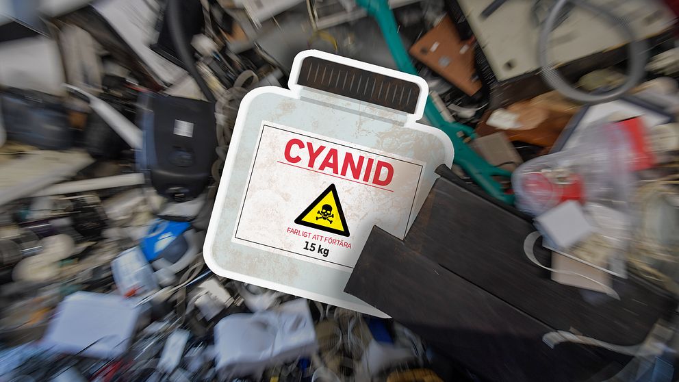 Burk med cyanid över skräp